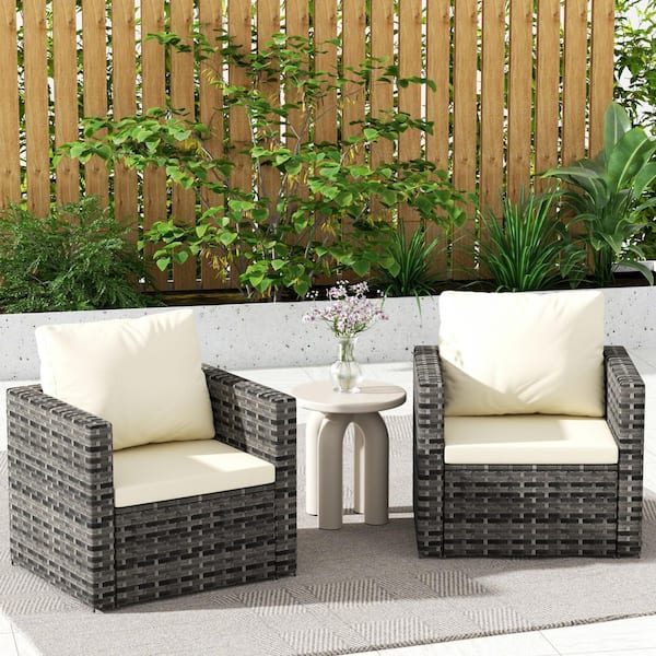 2-Piece Wicker Rattan Outdoor Sectional Set Sofa with Beige Cushions