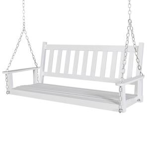 4 ft. Outdoor Wooden Patio Porch Swing with Chains and Curved Bench, White
