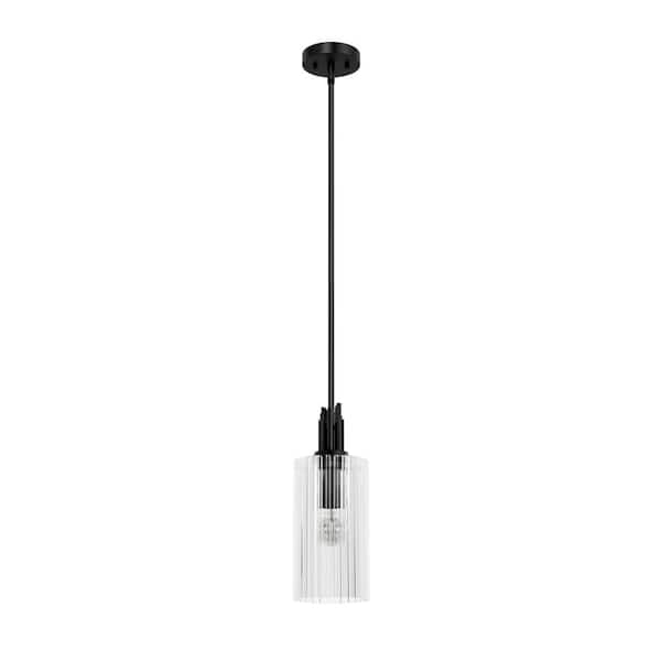 Hunter Gatz 60-Watt 1-Light Matte Black Island Mini Pendant Light with Clear Fluted Glass Shade, Bulb Not Included