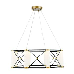 Aries 26 in. W x 10 in. H Integrated LED Matte Black with Burnished Brass Accents Pendant with White Opal Glass Shades