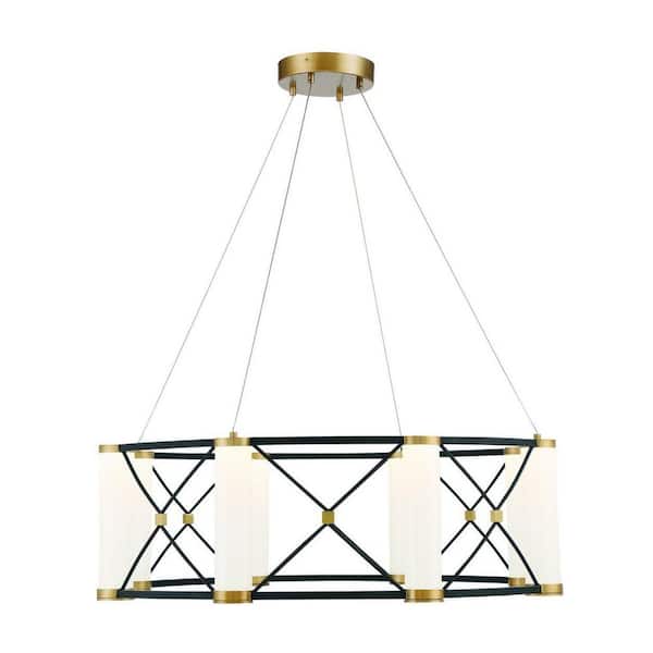 Savoy House Aries 26 in. W x 10 in. H Integrated LED Matte Black with Burnished Brass Accents Pendant with White Opal Glass Shades