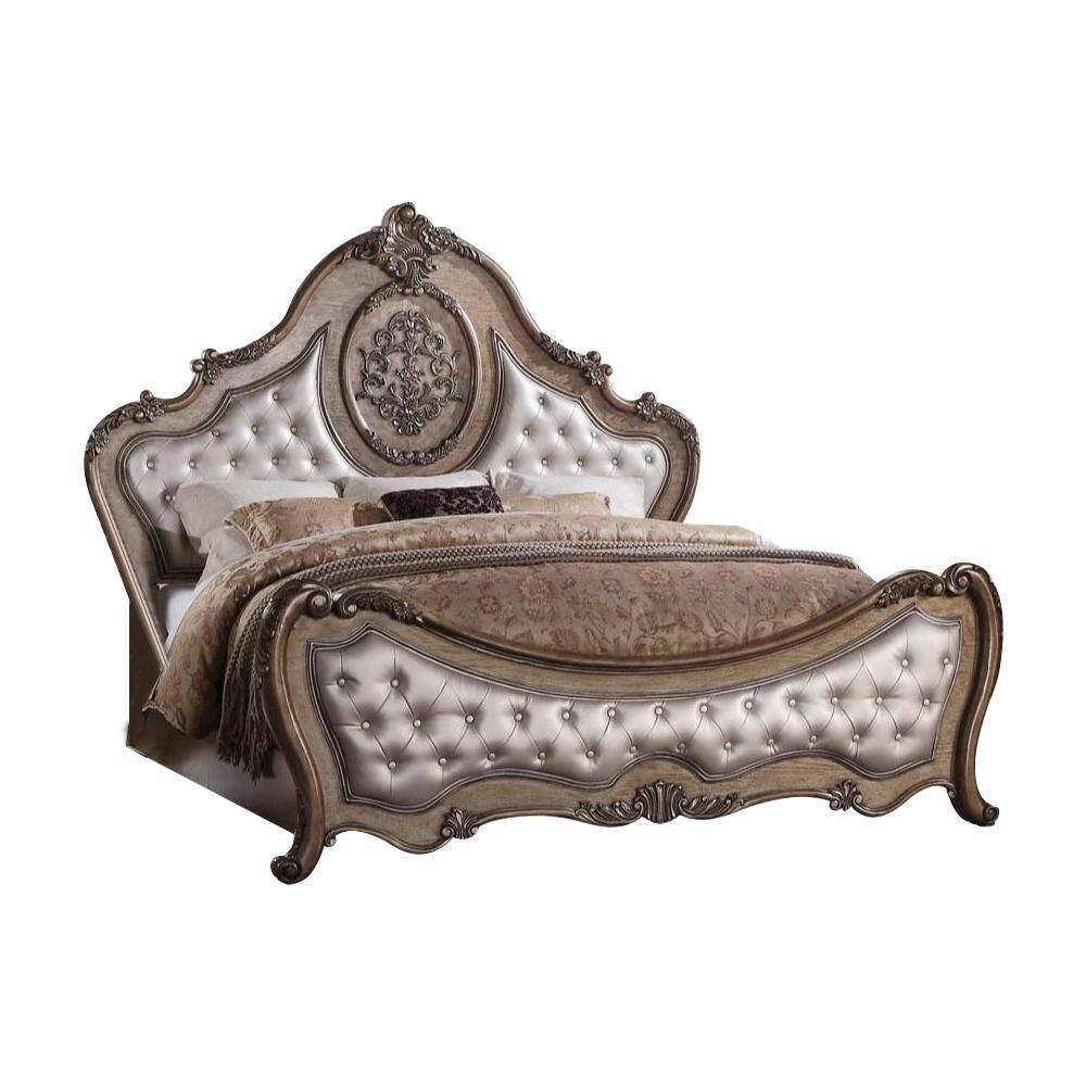 King Size Vintage Oak Upholstered Bed with Tufted Headboard