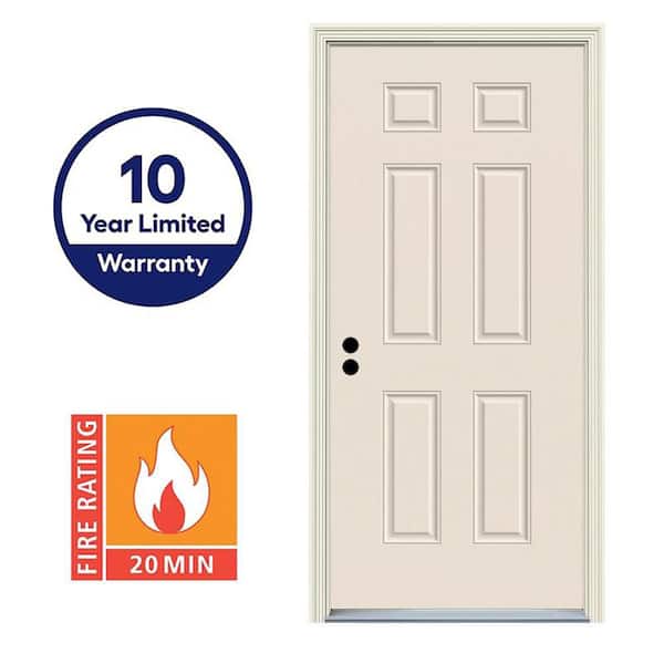 30 in. x 80 in. Right-Hand Inswing 6-Panel Primed 20 Minute Fire Rated Steel Prehung Front Door with Brickmould