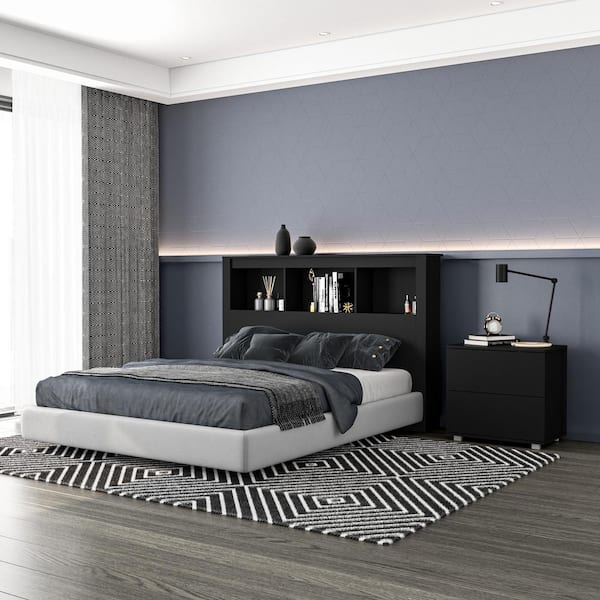 Polifurniture Madison 2 Piece Black Wood Queen Size Bedroom Set with Headboard and Nightstand