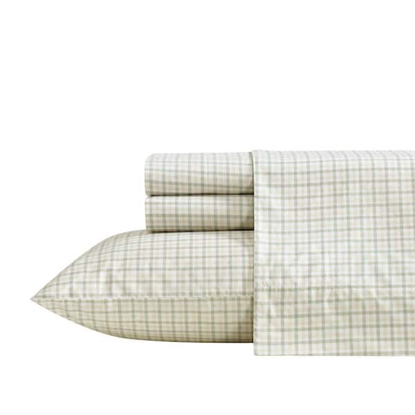 Calm Seas Gingham 4-Piece White/Sage Green Cotton Percale Full Sheet Set