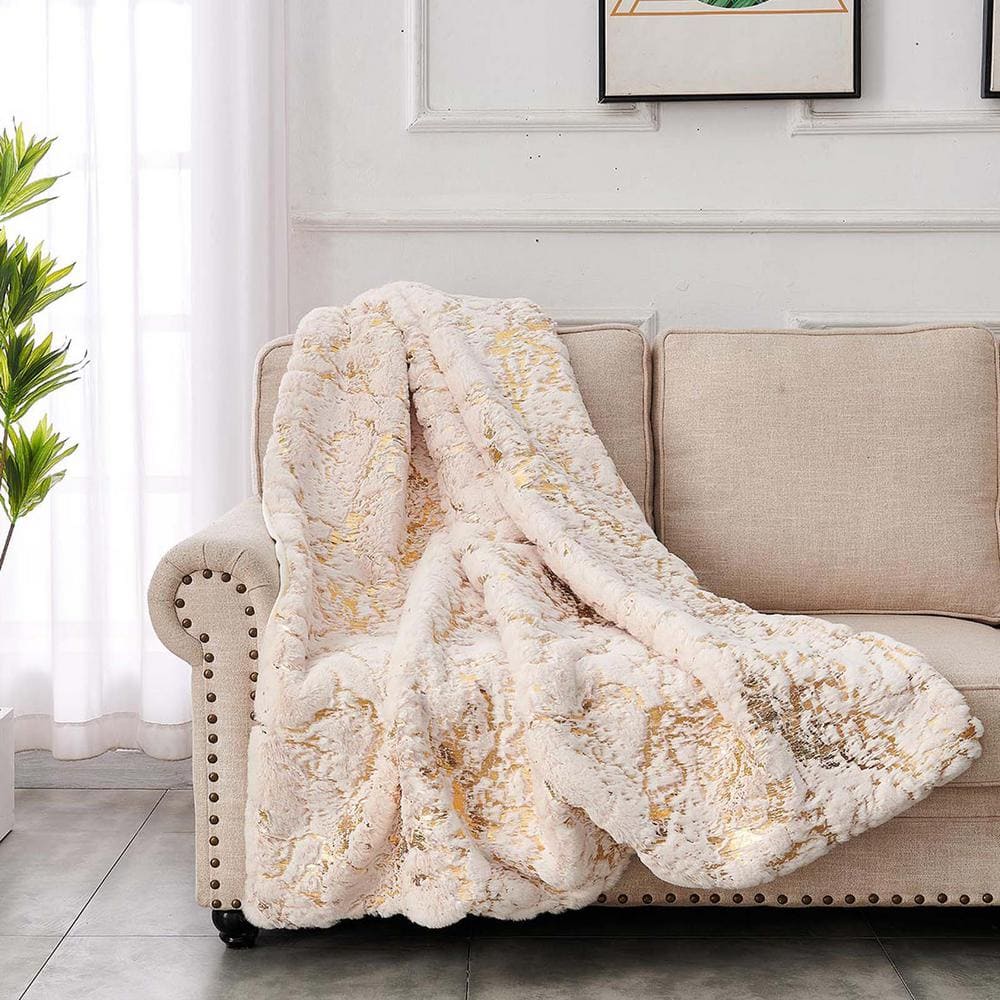 Beige 50 in. x 60 in. Luxury Faux Fur Chinchilla Throw Blanket Lightweight 
