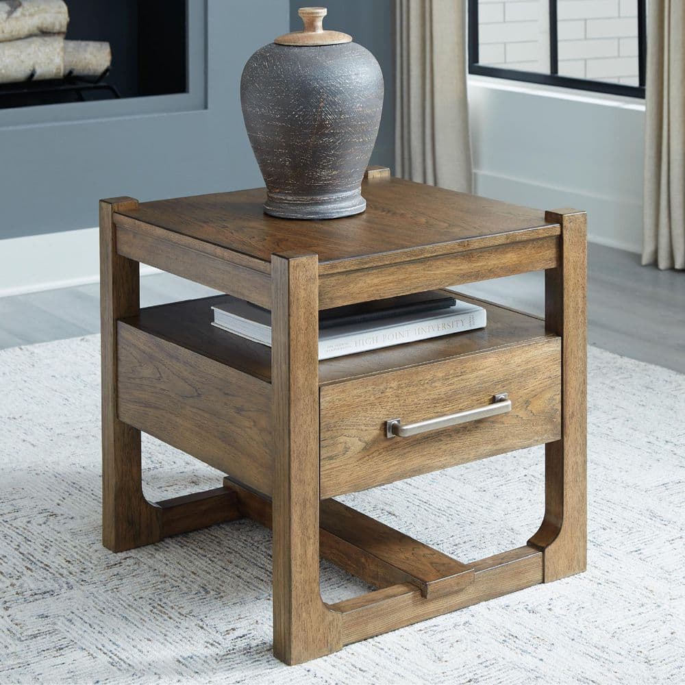 Cabalynn 24.38 in. Light Brown Square Wood End Table with Shelf, Drawer - thumbnail 5