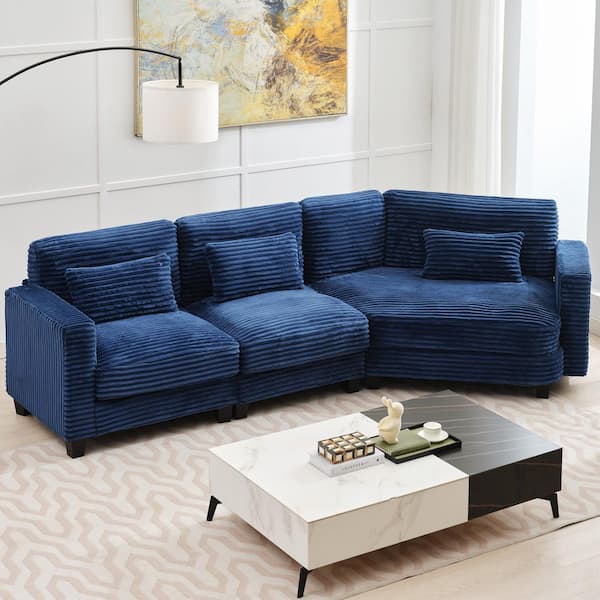 Jearey 123 in. Navy Curved Corduroy Sectional Sofa Seater for 3