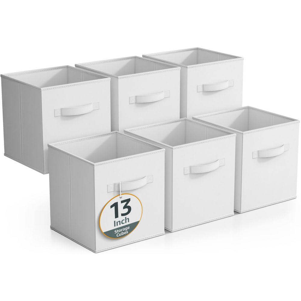 Large Storage Bins, Foldable Organizer Cubes with Handle, White 13 in. x 13 in. Fabric Decorative Basket (Set of 6)