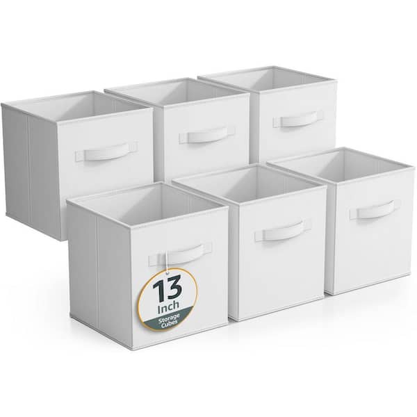 Large Storage Bins, Foldable Organizer Cubes with Handle, White 13 in. x 13 in. Fabric Decorative Basket (Set of 6)