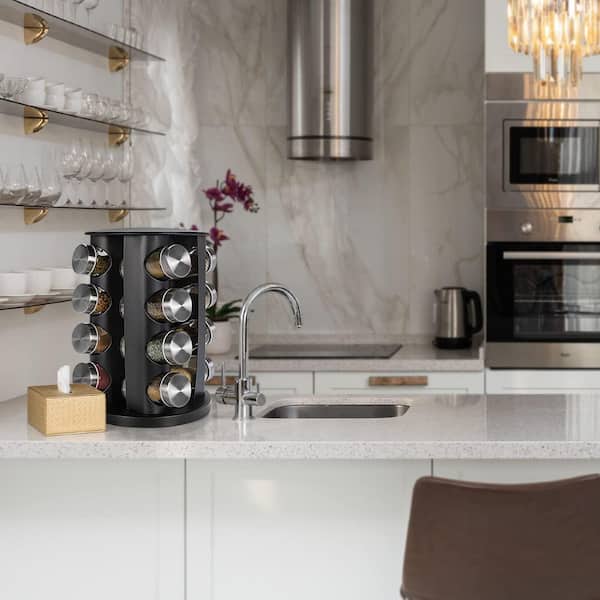 16-Shelves Black Countertop Rotating Seasoning Organizer Tower Set with 16 Jars 135 Labels Funnel for Kitchen
