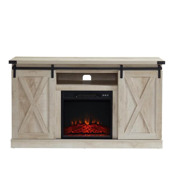 EDYO LIVING 54 in. Rustic Farmhouse Electric Fireplace TV Stand with Sliding Barn Door - White Oak