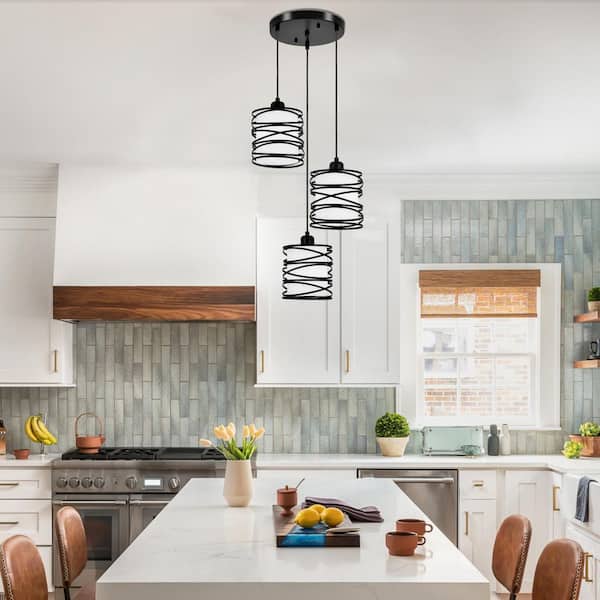 Jasslynn 40 Watt 3 Light Black Modern Pendant Light with Cylinder Cream Glass Shade for Living Room Foyer