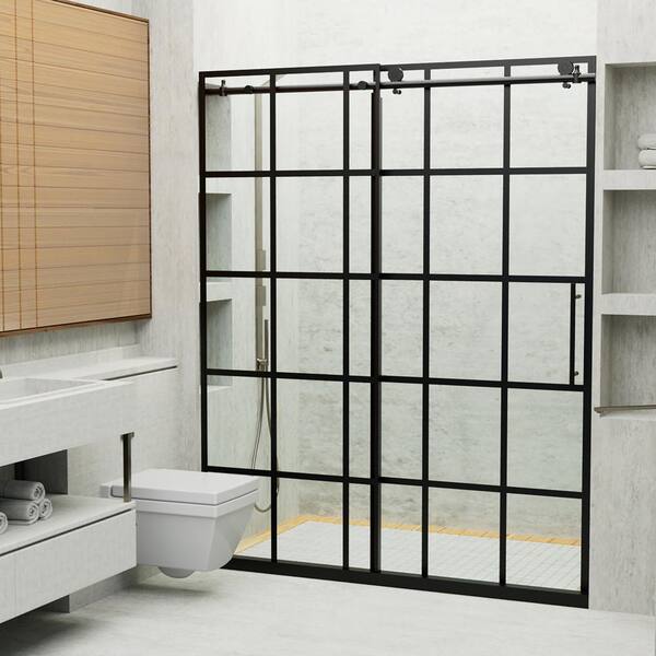 Staykiwi 60 in. W x 76 in. H Sliding Semi-Frameless Shower Door in Matte Black Finish with Patterned Glass