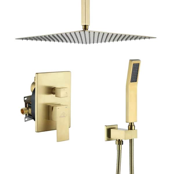 Mondawe 2-Spray 12 in. Celling Mount Dual Shower Head 2.5GPM Fixed with Handheld in Brushed Gold