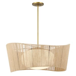 Key Largo 100-Watt 1-Light Soft Brass Shaded Pendant Light with Etched Opal Glass and Natural Rope Shade