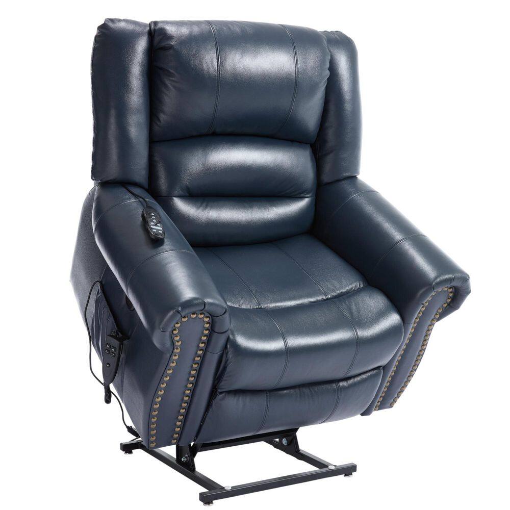 Blue Dual Motor Genuine Leather Power Lift Recliner Heat Massage, Heavy Dut