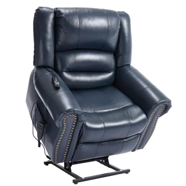 aisword Blue Dual Motor Genuine Leather Power Lift Recliner Heat Massage, Heavy Duty Motion Mechanism with USB Ports