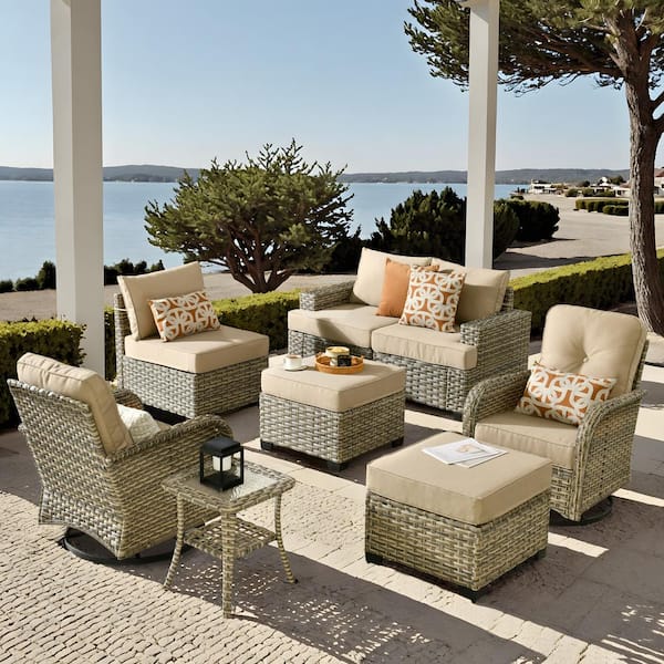 HOOOWOOO Kelleys 8-Piece Wicker Modern Outdoor Patio Conversation Sofa Set with Swivel Chairs and Beige Cushions