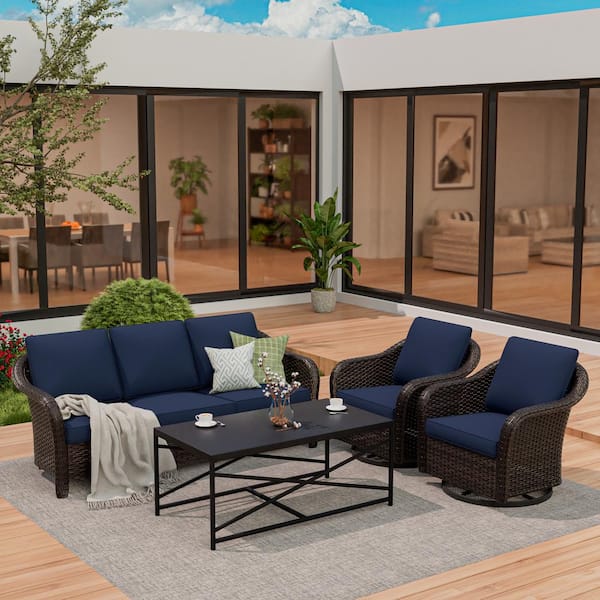 4-Piece Wicker Outdoor Patio Conversation Sofa Furniture Set with Swivel Rocking Chairs and Blue Cushions