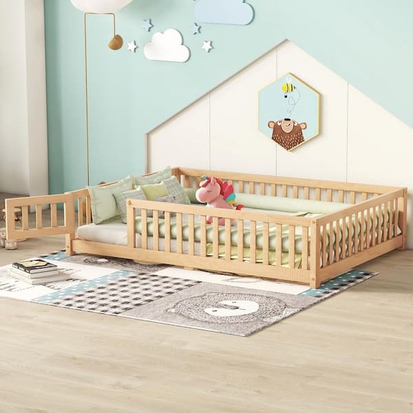 ANBAZAR Natural Pine Full Size Floor Kids Bed with Safety GuardRails and Door