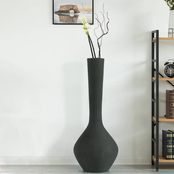 Uniquewise 38 in. Tall Charcoal Gray Modern Trumpet Style Floor Vase For Entryway or Living Room Bamboo Rope