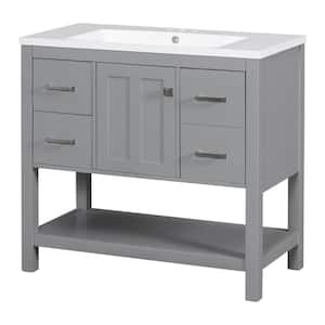 Amii 36" W Gray Freestanding White Resin Top Bathroom Vanity Cabinet With USB Charging Port and 3 Drawers