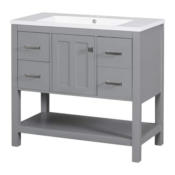 Miscool Amii 36" W Gray Freestanding White Resin Top Bathroom Vanity Cabinet With USB Charging Port and 3 Drawers