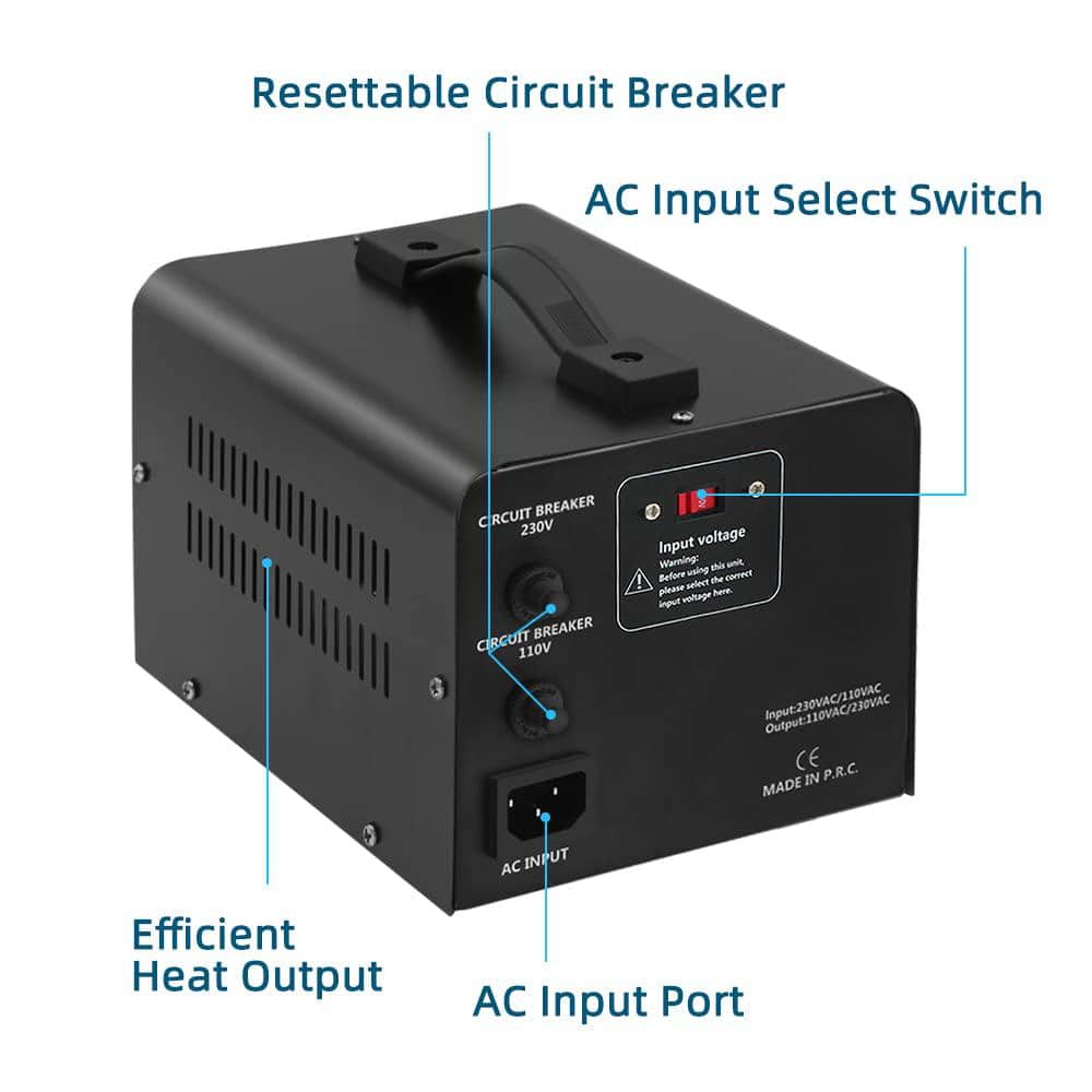 Black 1000W Universal Step Up/Down Voltage Transformer