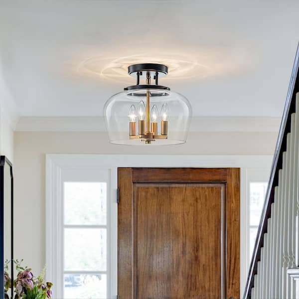 13.2 in. 4-Light Drum Matte Black and Gold Semi-Flush Mount with Clear Glass for Kitchen Foyer Bedroom Bathroom