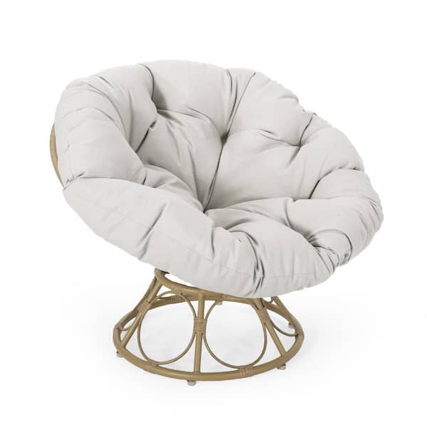Zeus & Ruta Light Brown Swivel Faux Rattan Outdoor Lounge Chair with Beige Cushion for Backyard, Porch, Poolside and Garden