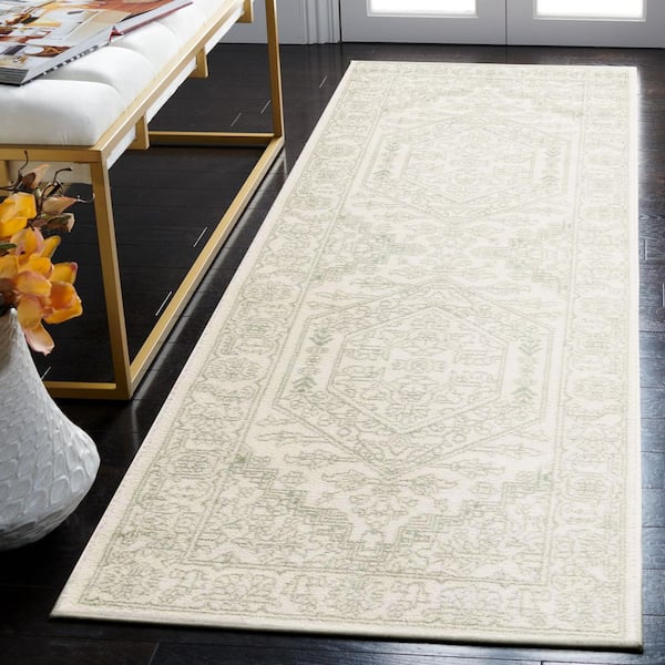 Adirondack 3 ft. x 6 ft. Sage/Ivory Border Medallion Runner Rug