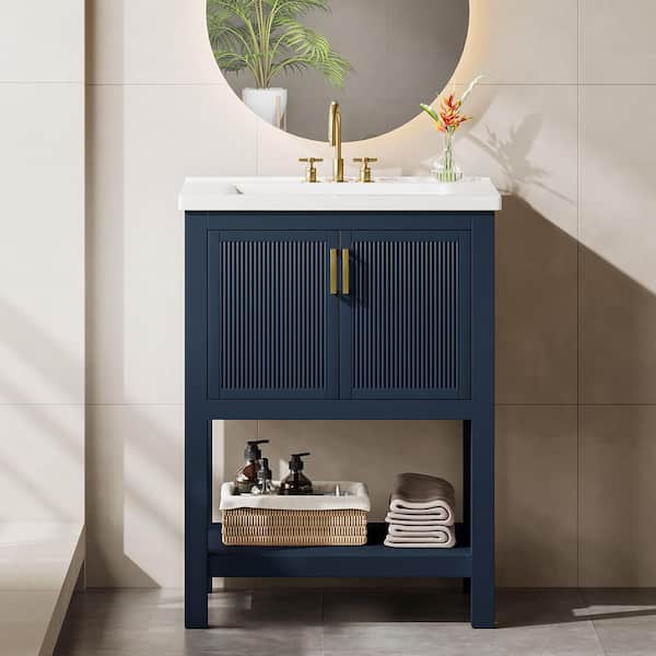 24 in. Single Sink Freestanding Dark Blue Bath Vanity with White Cultured Marble Top