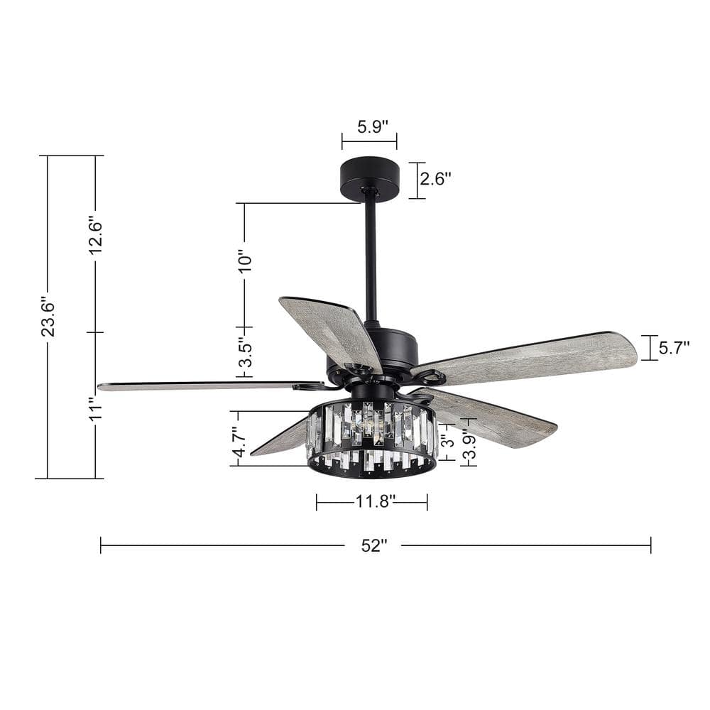 52" Black Crystal Chandelier Ceiling Fan with Remote and Reversible Blades