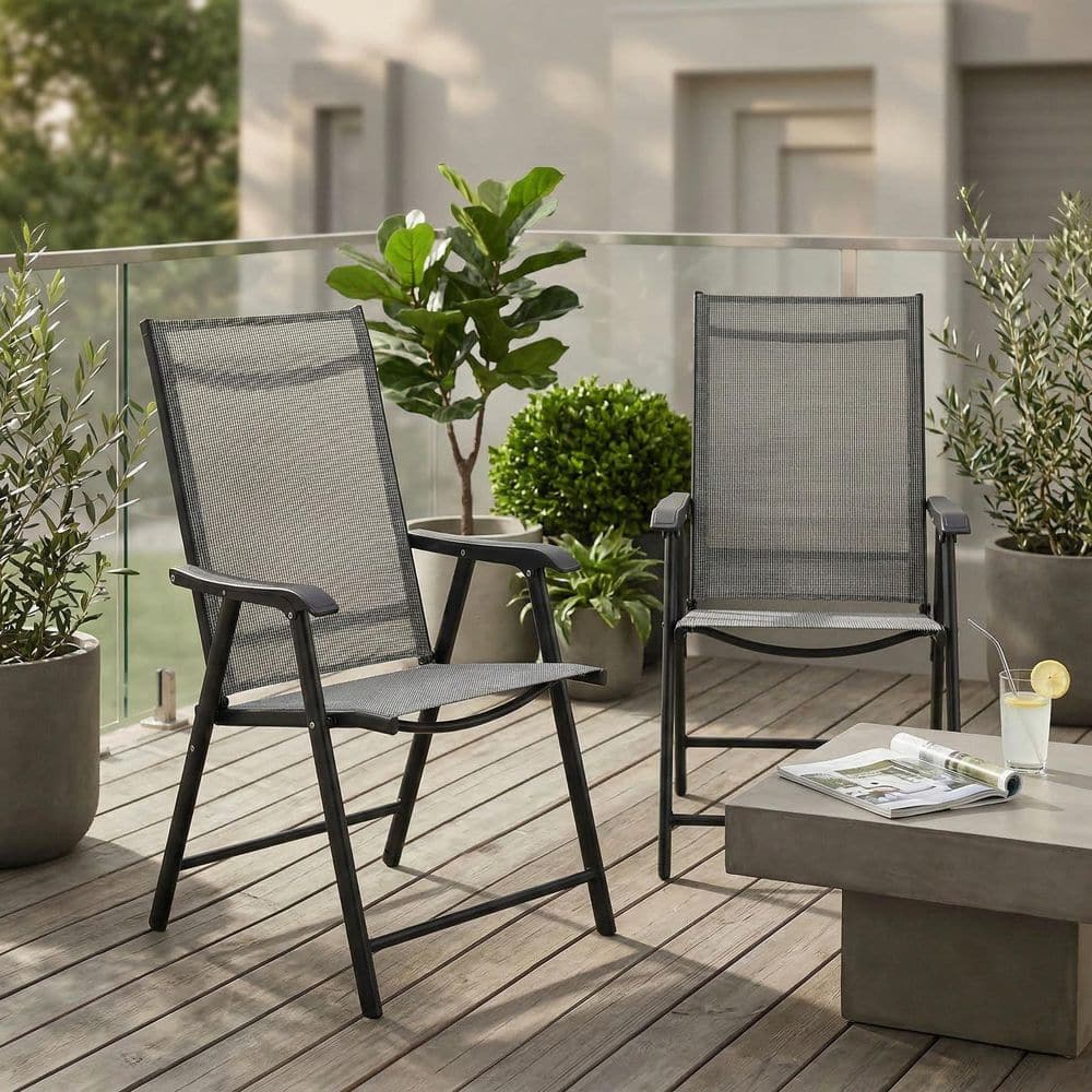 Powder Coated Folding High Back Textilene Outdoor Dining Chair in Gray Set of 2 durable construction price history on PriceWatchPro