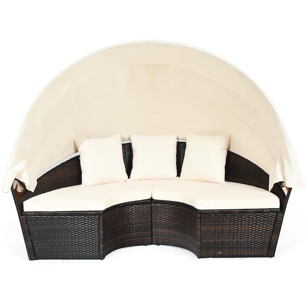 HONEY JOY Wicker Outdoor Day Bed Patio Rattan Daybed Adjustable Tabletop Sofas with Off White Cushions