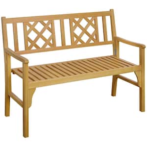 Foldable Garden Bench, 2-Seater Patio Yellow Wood Outdoor Bench, Loveseat Chair with Backrest and Armrest