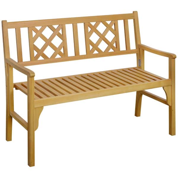 Outsunny Foldable Garden Bench, 2-Seater Patio Yellow Wood Outdoor Bench, Loveseat Chair with Backrest and Armrest