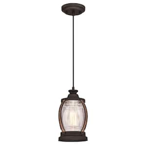 Canyon 1-Light Oil Rubbed Bronze and Barnwood Mini Pendant with Clear Seeded Glass Shade