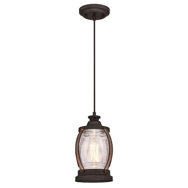 Westinghouse Canyon 1-Light Oil Rubbed Bronze and Barnwood Mini Pendant with Clear Seeded Glass Shade