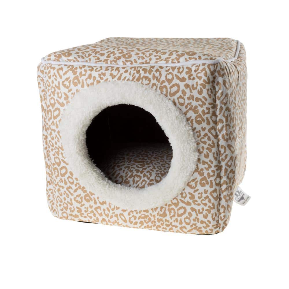 Small Tan and White Animal Print Orthopedic Pet Cave