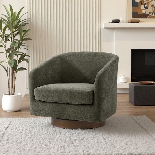 Tan Chenille Upholstered 360° Swivel Arm Chair With Wood Base (Set of 1)