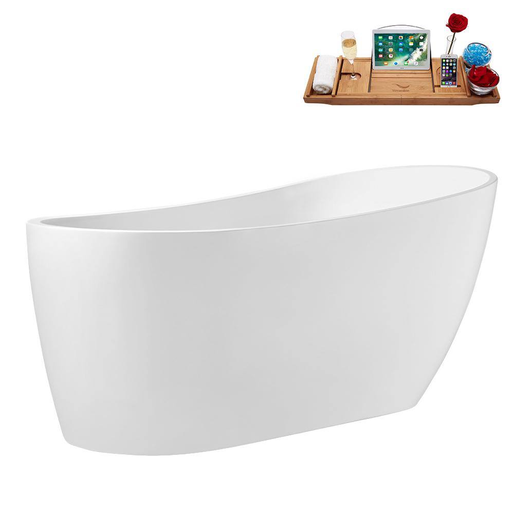 67" Glossy White Acrylic Freestanding Soaking Tub with Tray