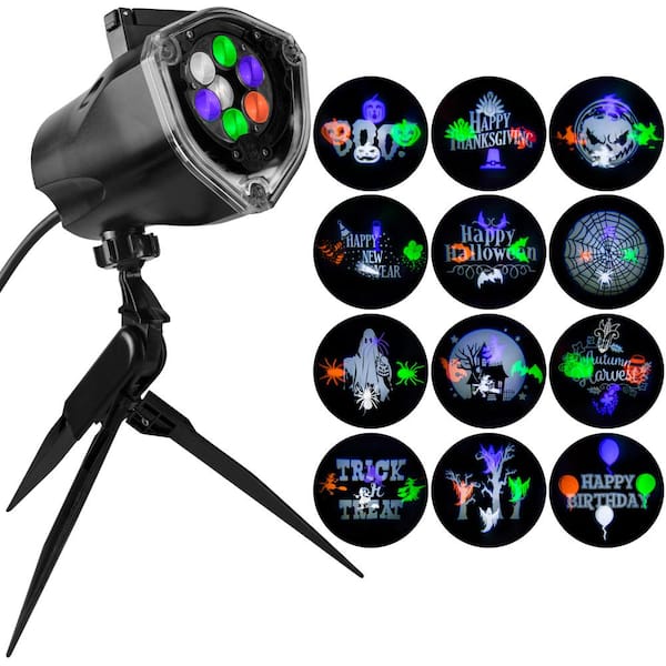 1-LED Light Projection-Whirl-A-Motion Plus Static Stake with 12-Multi Color Halloween Slides