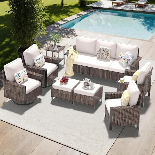 Buenaola Nyajiah 8-Piece Wicker Patio Conversation Set with Beige Cushions