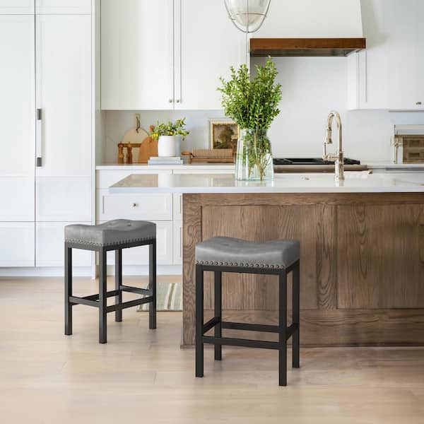 LUE BONA 24 in. Dark Grey Counter Height Saddle Bar Stool Faux Leather Cushion Backless Bar Stool with Metal Legs (Set of 2)