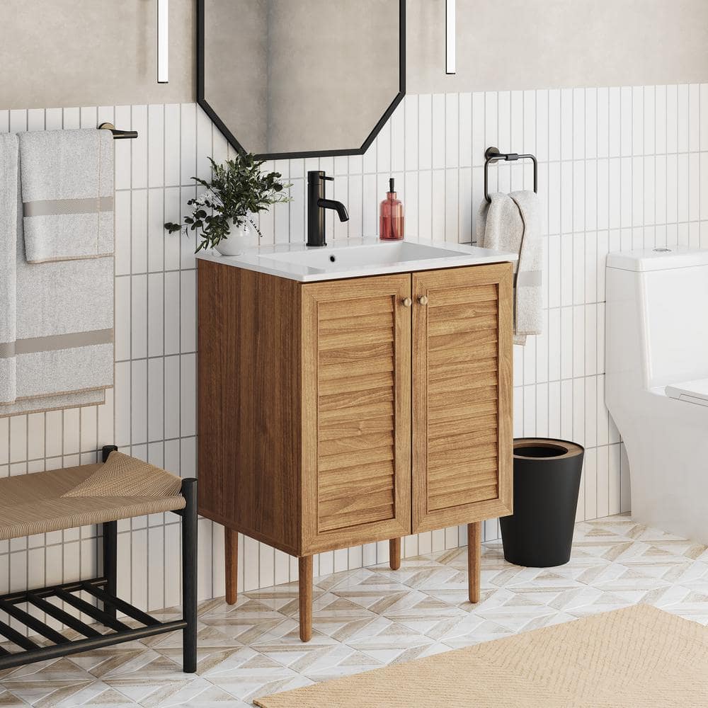 Bron 24" Brown Oak Freestanding Bathroom Vanity with White Sink Top