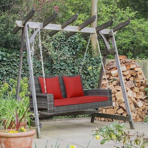 2-Person Patio Hanging Porch Swing Rattan 800LBS Swing Bench with Red Cushions