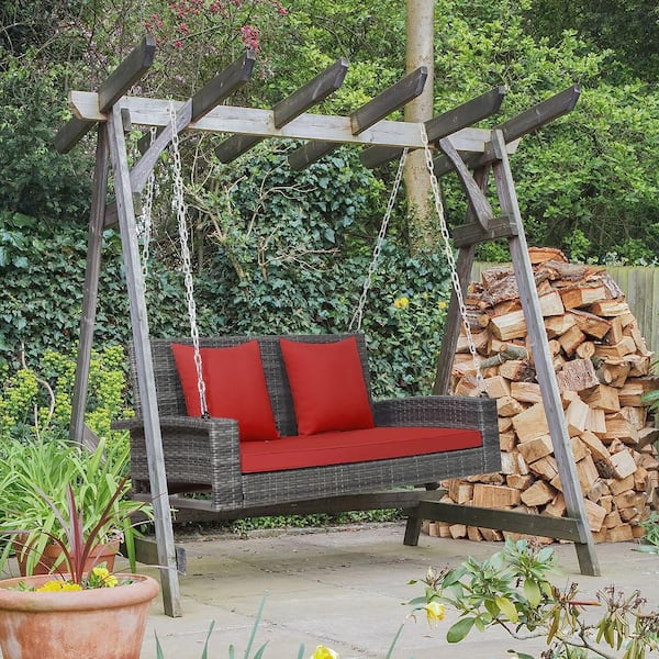2-Person Patio Hanging Porch Swing Rattan 800LBS Swing Bench with Red Cushions