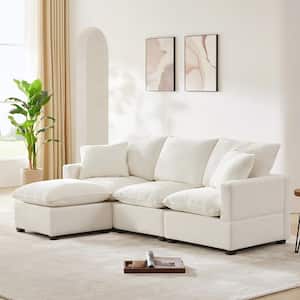 86 in. Straight Arm Chenille L-Shape Sectional Sofa in White with 2-Pillows, 1-Ottoman, Freely Combinable Seats